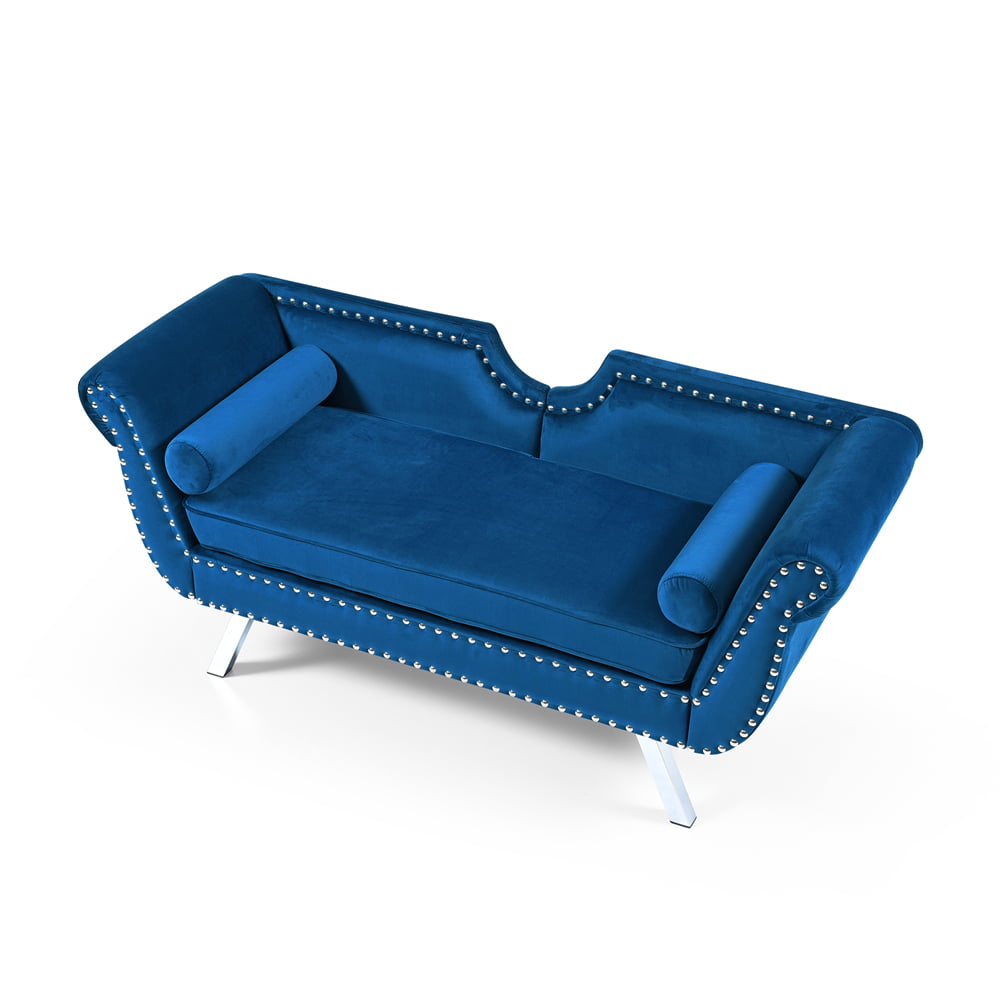 Mid Century Couch, 61inch Velvet Loveseat with 2 Pillows, Upholstered Sofa with Nailhead Trim and Roll Arm for Living Room Bedroom, 400LBS Weight Capacity, Blue
