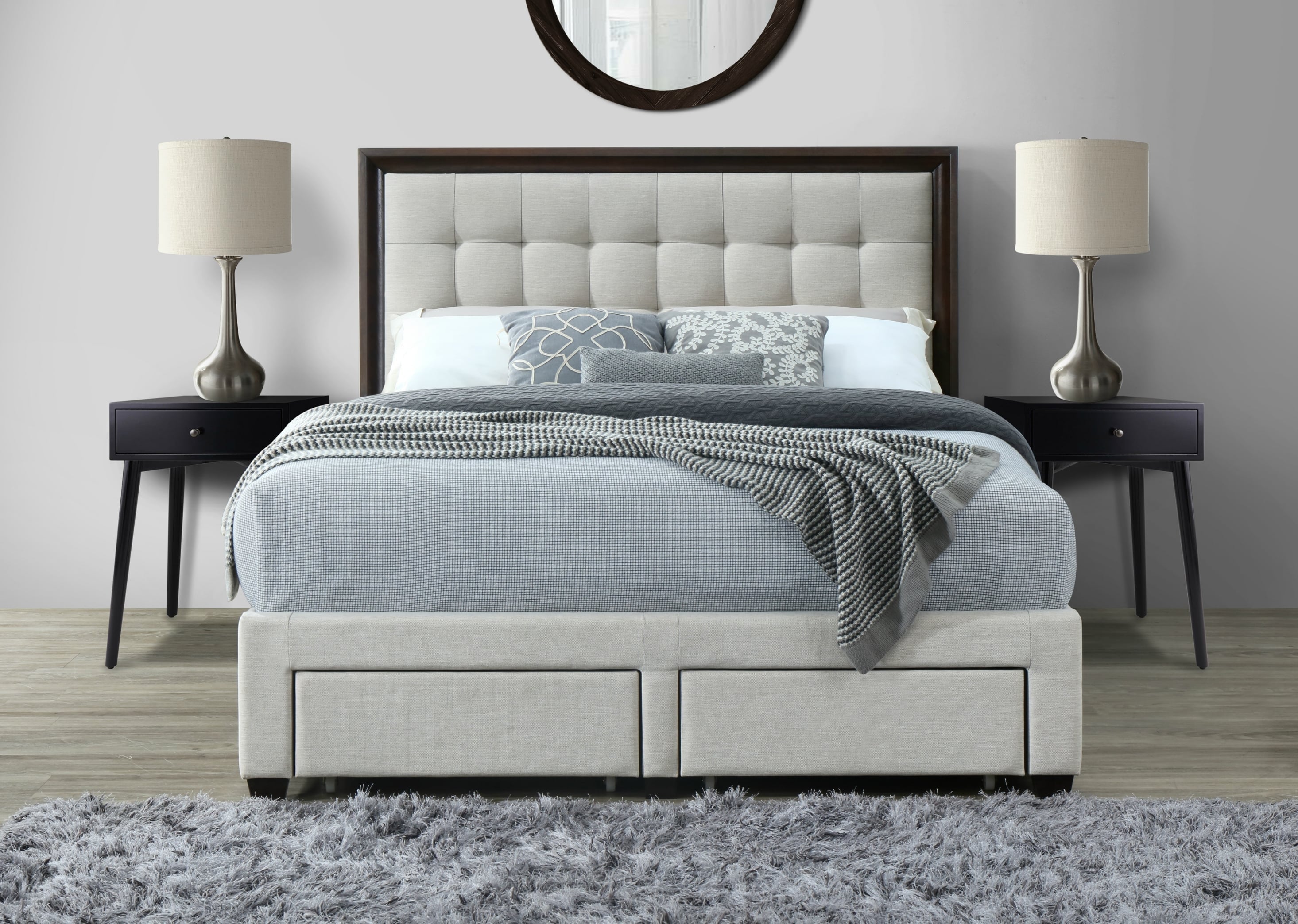 DG Casa Soloman Upholstered Panel Bed Frame with Storage Drawers and Wood Trim Tufted Headboard, King Size in Beige Linen Style Fabric…