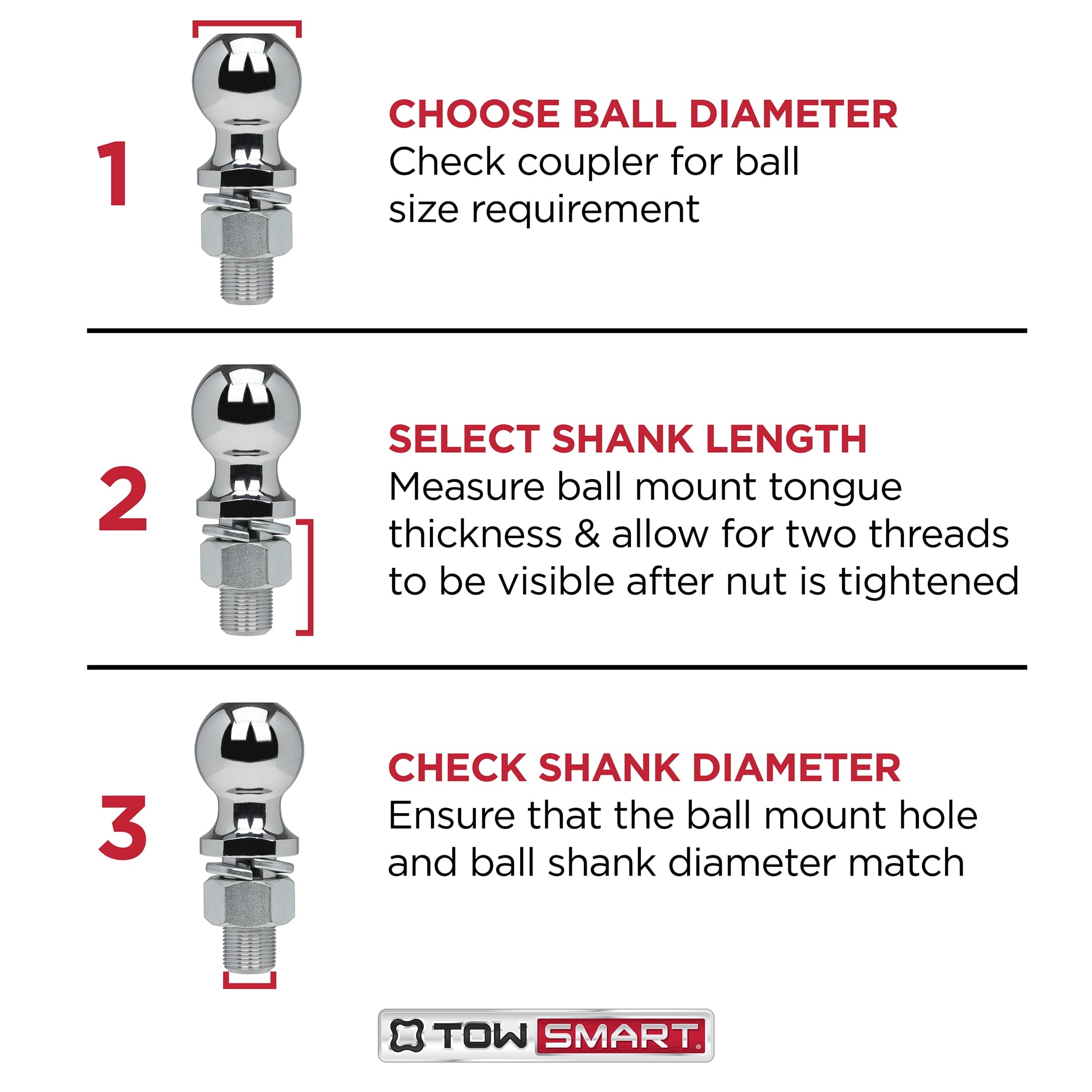 TowSmart Trailer Hitch Ball, Class II, 2in Ball, 3/4in x 1-1/2in Shank, 3500lb, 716, Chrome, 1 Each