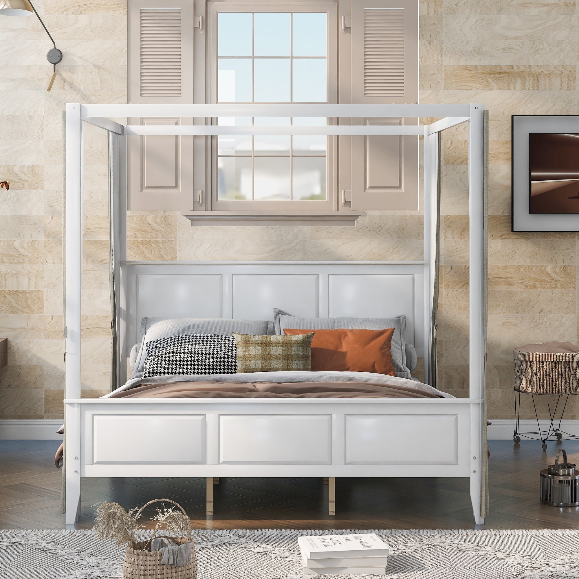 Euroco King Size Canopy Platform Bed with Four Slat Support Leg, White