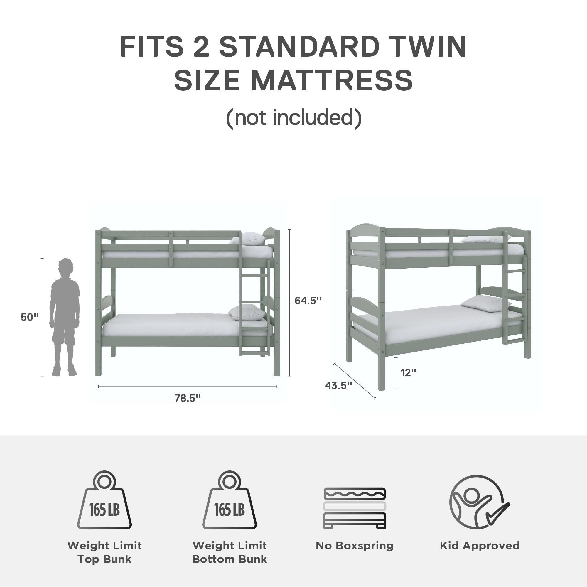 Better Homes & Gardens Leighton Solid Wood Twin-over-Twin Convertible Bunk Bed, Sage Green