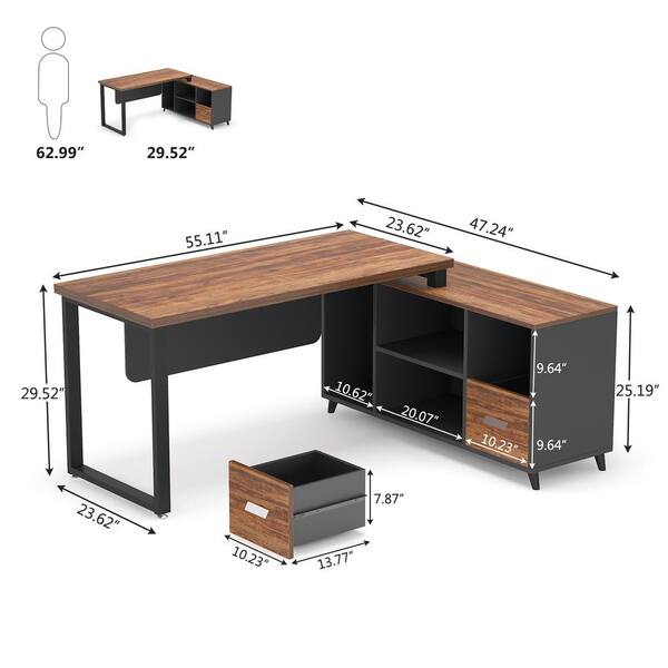 Lantz 55.1 in. L Shaped Desk Brown Engineered Wood 2-Drawers Executive Desk with Cabinet Shelves
