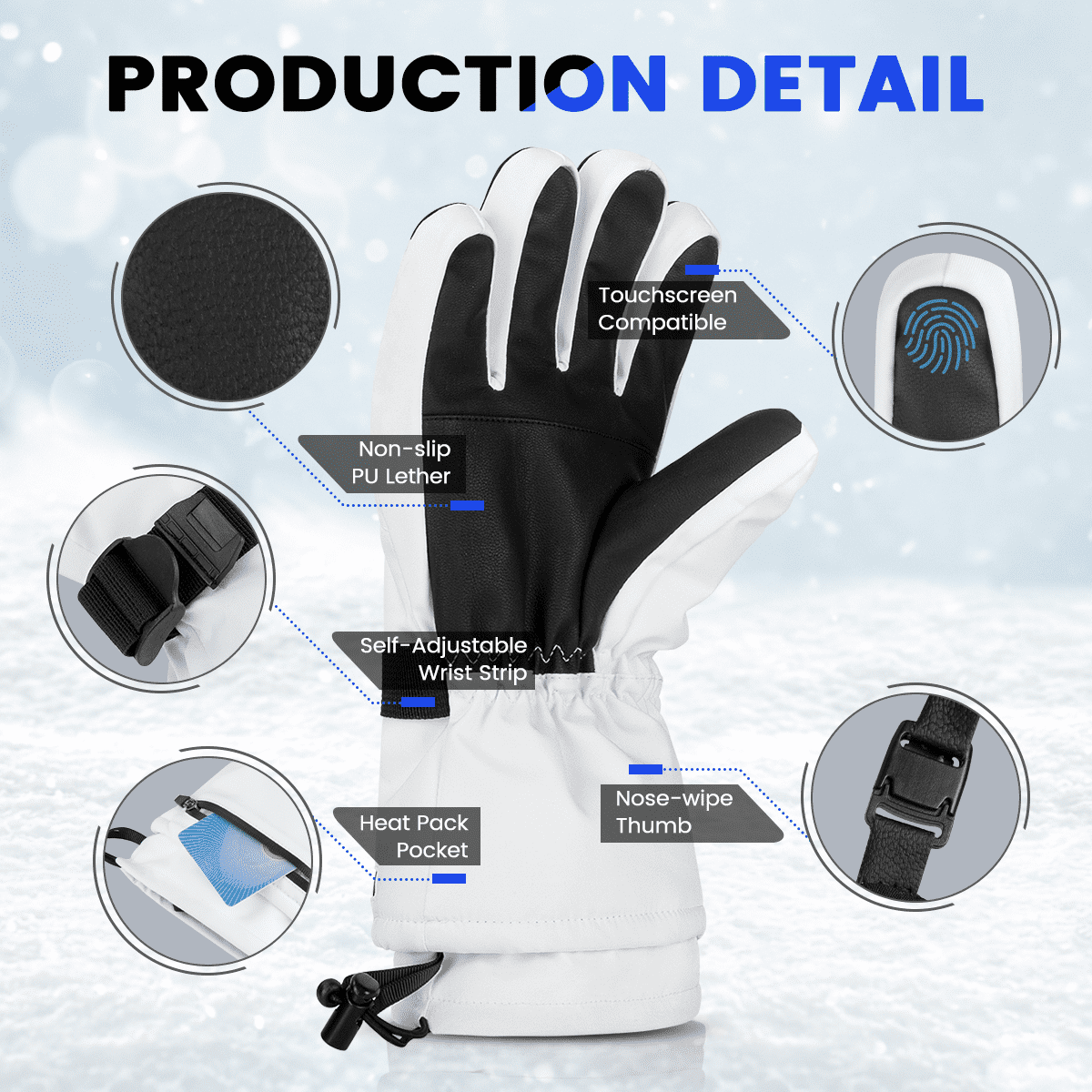 Ski Gloves, Waterproof Touchscreen Snowboard Gloves, Warm Winter Snow Gloves for Cold Weather, Fits Both Men & Women for Driving/Cycling/Running/Hiking(White)