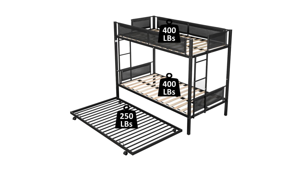 Muumblus Twin Over Twin Bunk Bed with Trundle, Metal Bed Frame with Safety Guard Rail and Ladders, Space Saving Design Bedroom Bunk Bed for Kids and Adults, Black, M926