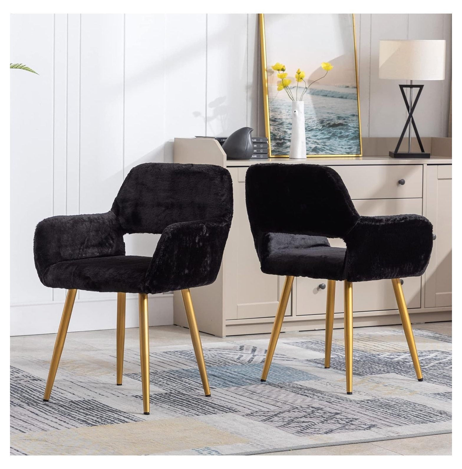 Quexis Furry Desk Chair, -Century Modern Accent Faux Fur Chair for Teen Girls, Comfy Armchair with Wood Look Metal Legs for Living Dining Room, Home Vanity Makeup Office Desk Chair No Wheel, Black