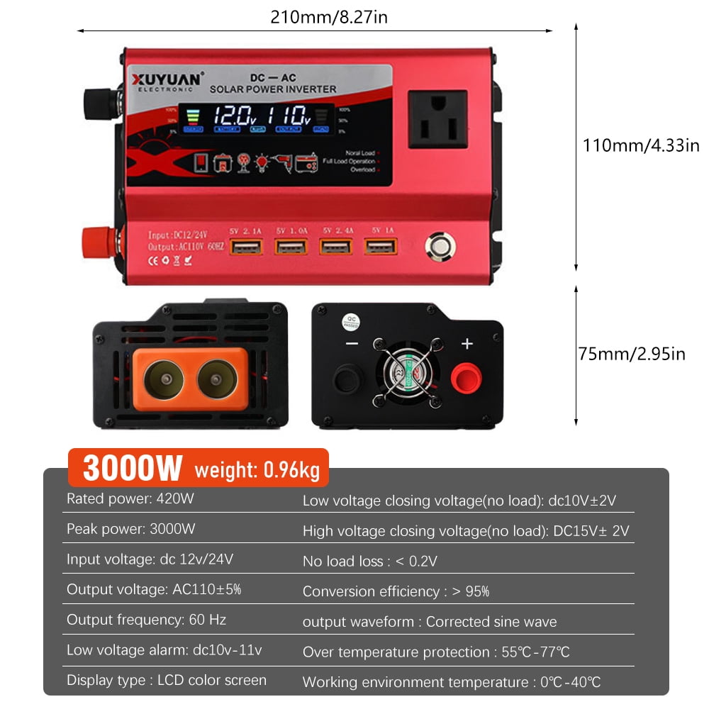 DFITO 3000W Vehicle Car Power Inverter DC 12V to AC 110V Converter LCD Display 4 USB