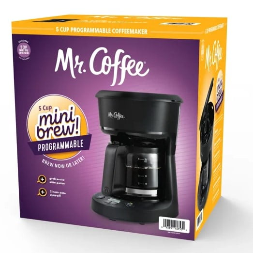 Mr  Coffee 5 Cup Coffee Maker (25 oz) Programmable Mini Brew, Auto On/Off , Black Chrome