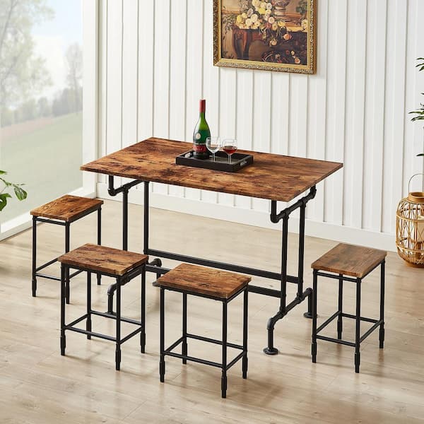 Dining Table Set for 4 Kitchen Industrial Bar Dinette with Rectangular Tabletop, Save Spacing&Sturdy Metal Frames, Brown