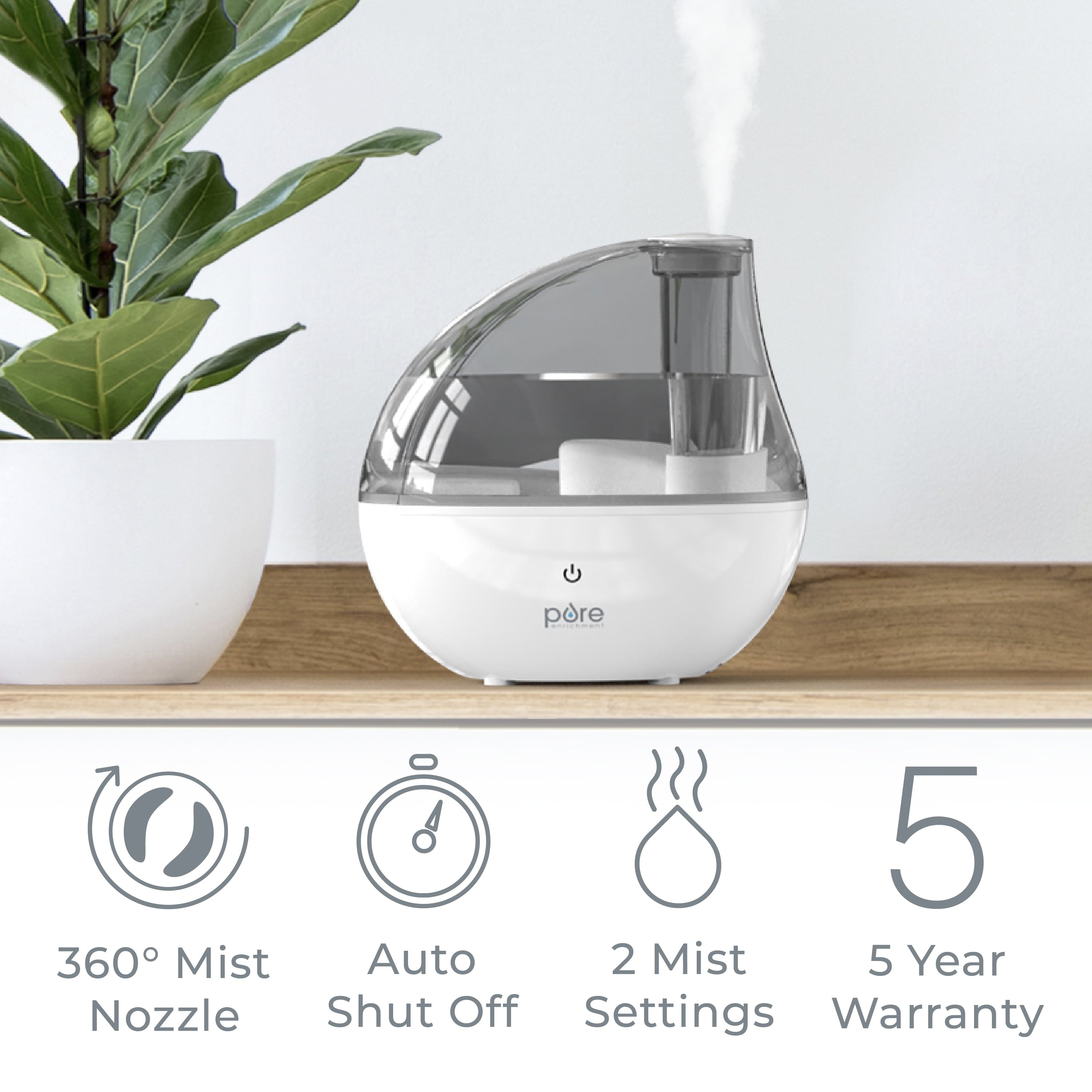 Pure Enrichment® MistAire™ Silver Ultrasonic Cool Mist Humidifier - Lasts Up to 25 Hours, Whisper-Quiet Overnight Operation, 360° Mist Nozzle, Easy-Fill Tank, & Auto Safety Shut-Off