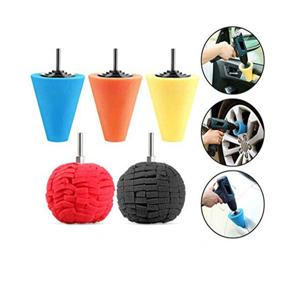 KingFurt 5Pcs Foam Drill Polishing Cone Ball Pads Kit Car Hub Waxing Buffing Wheel Polisher Conical Sponge