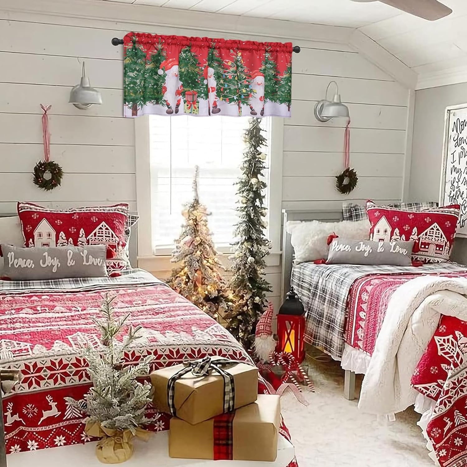 Alishomtll Christmas Valance Curtains Santa Claus Kitchen Curtains Holly Tree Window Valances Rod Pocket ,52