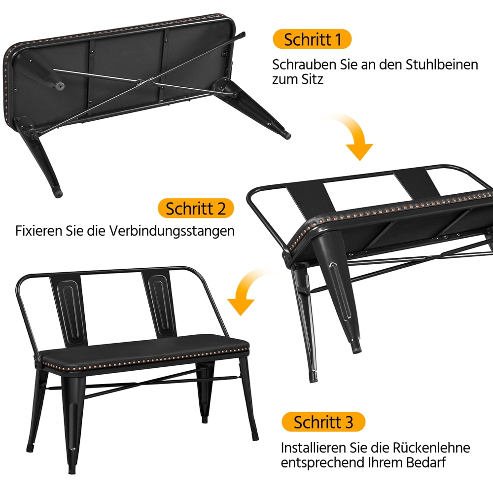 Topeakmart Industrial Upholstered Metal Dining Bench with Removable Backrest, Black