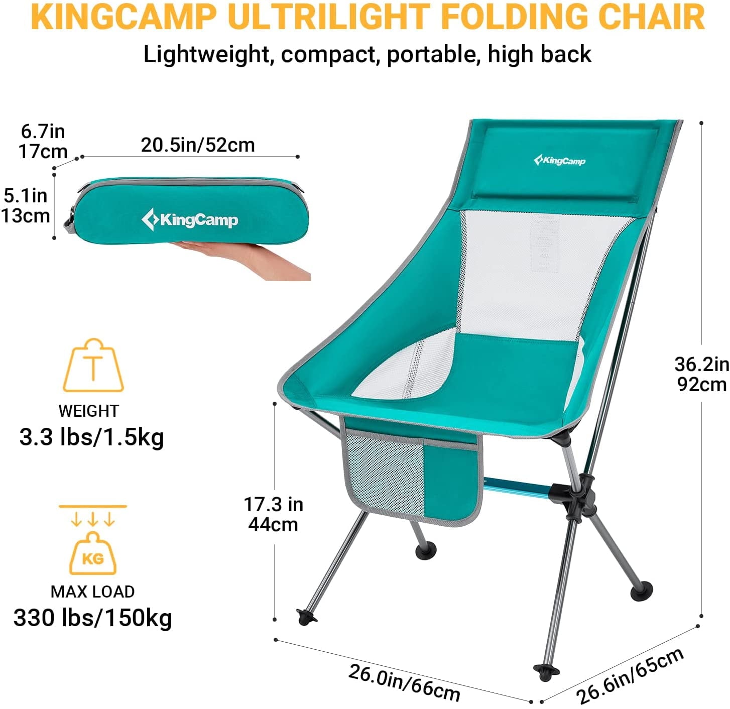 KingCamp Ultralight Compact Camping Chair Extra Wide High Back Folding Chair 330lbs for Adults Outdoor Cyan