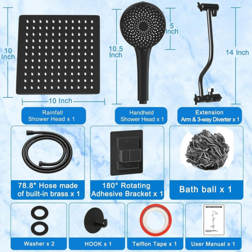 10" High Pressure Rainfall Shower Head with Handheld Combo, 12" Large, Black