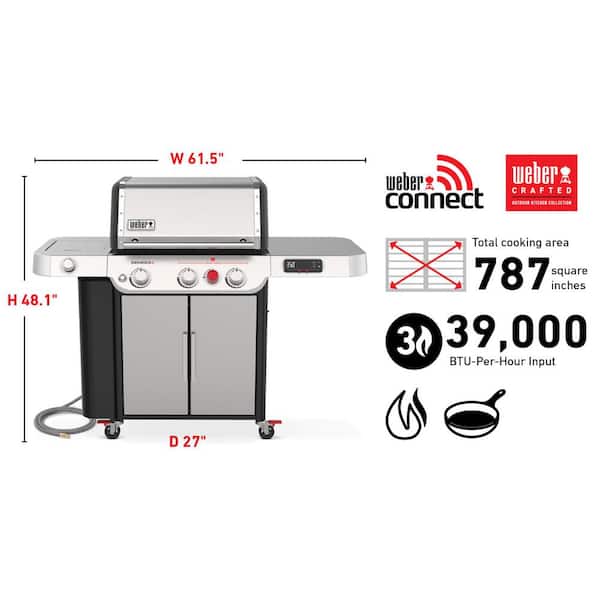 Genesis Smart SX-335 3-Burner Natural Gas Grill in Stainless Steel with Side Burner