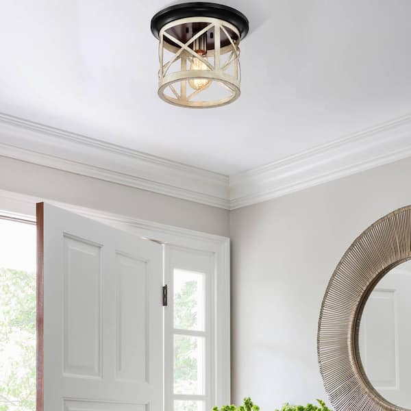 9.75 in. 1-Light Oil-Rubbed Bronze and Briarwood Finish Cage Drum Flush Mount