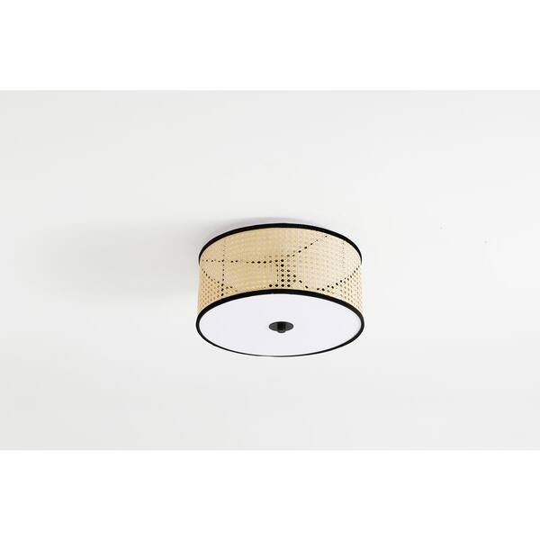 Nakuv 3-Light 15 in. Beige Modern Bohemian Flush Mount Fixture with PVC Rattan Shade and Velvet Stitched Rim