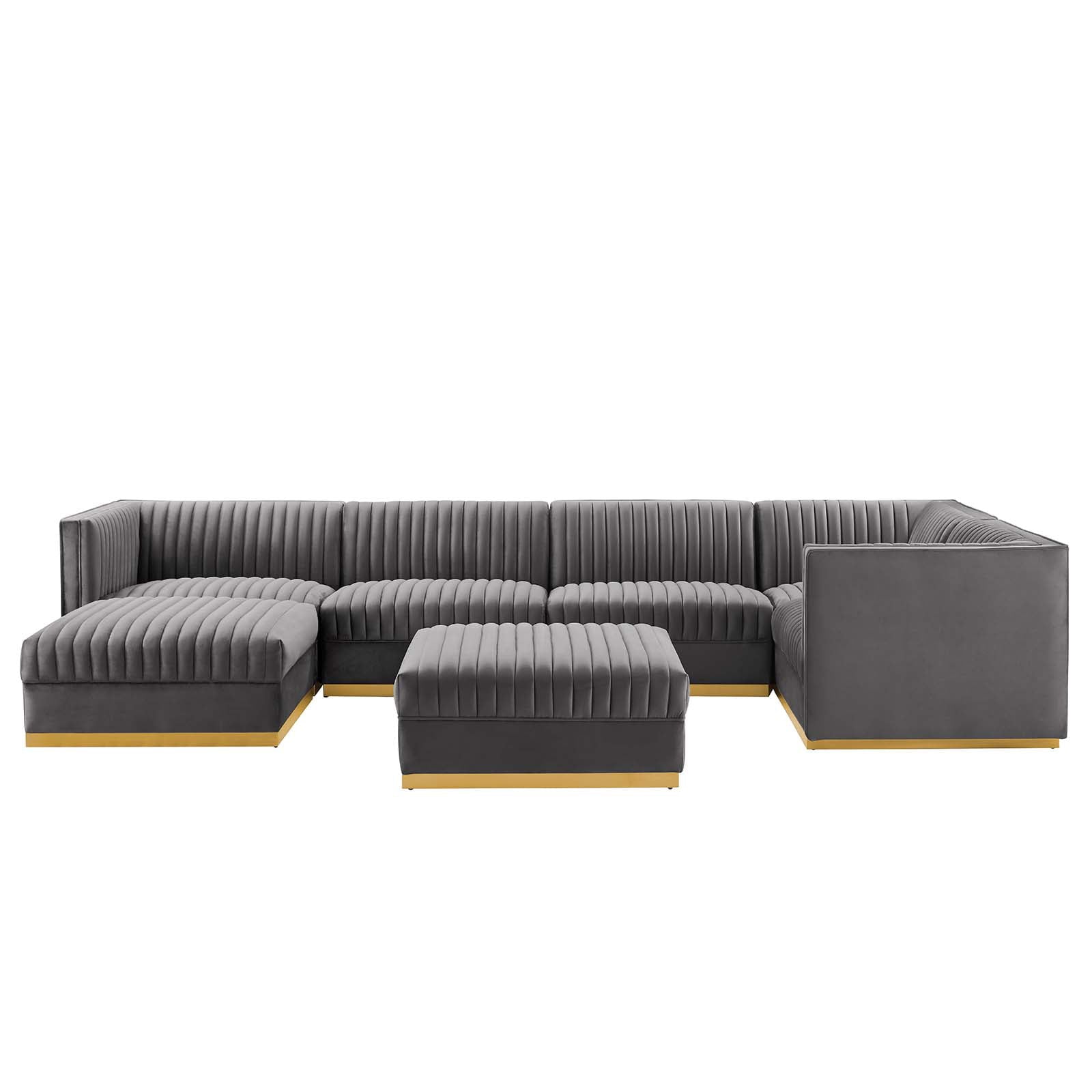 Modway Sanguine Channel Tufted Performance Velvet 7-Piece Right-Facing Modular Sectional Sofa in Gray