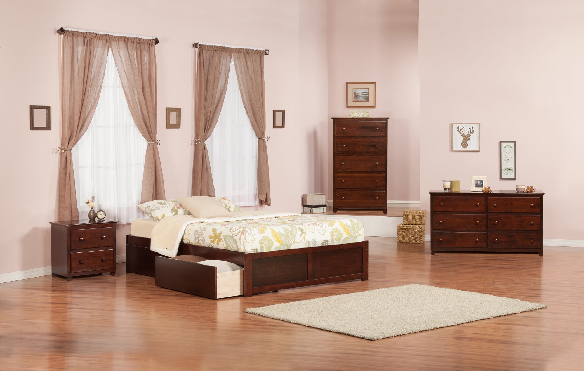 AFI Concord King Bed with Flat Panel Foot Board and 2 Flat Panel Bed Drawers in Walnut