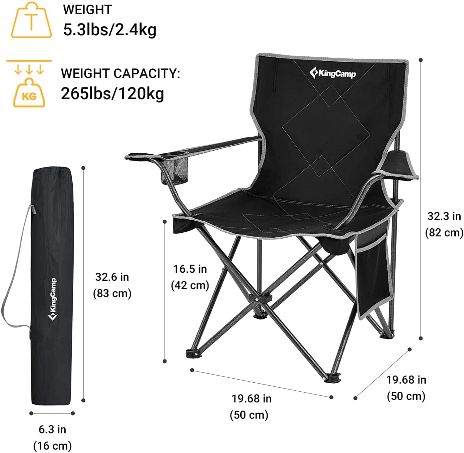 KingCamp Lightweight Camping Chairs Folding Chairs Portable Lawn Chairs Fold Up Patio Chair for Adults Support 265lbs Black