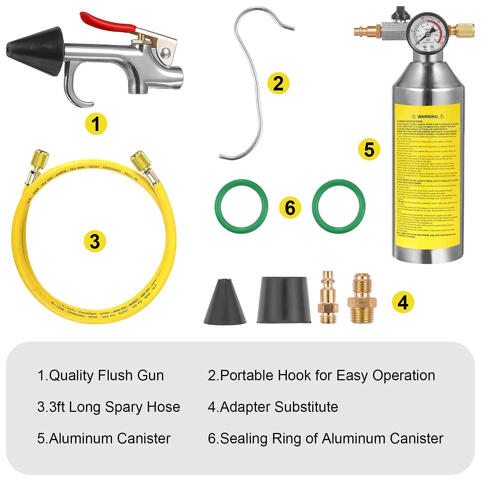 Furvclv AC Flush Kit, Car Air Conditioner System Clean Canister Flushing Tool Set Air Conditioning Pipe Cleaning Bottle for Auto R12 R22 R134A R404 R410A with 220PSI Gauge, Air Plug Fittings and Hose