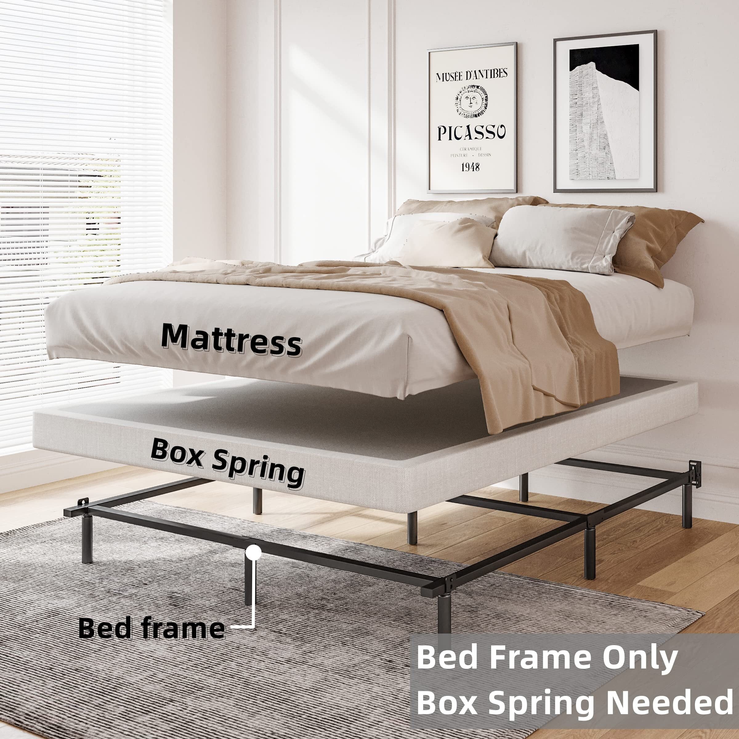 QFTIME Queen Metal Bed Frame with Recessed Legs, 7-Inch Low Profile Bed Base, Easy Assembly, Mattress Foundation, Headboard Compatible