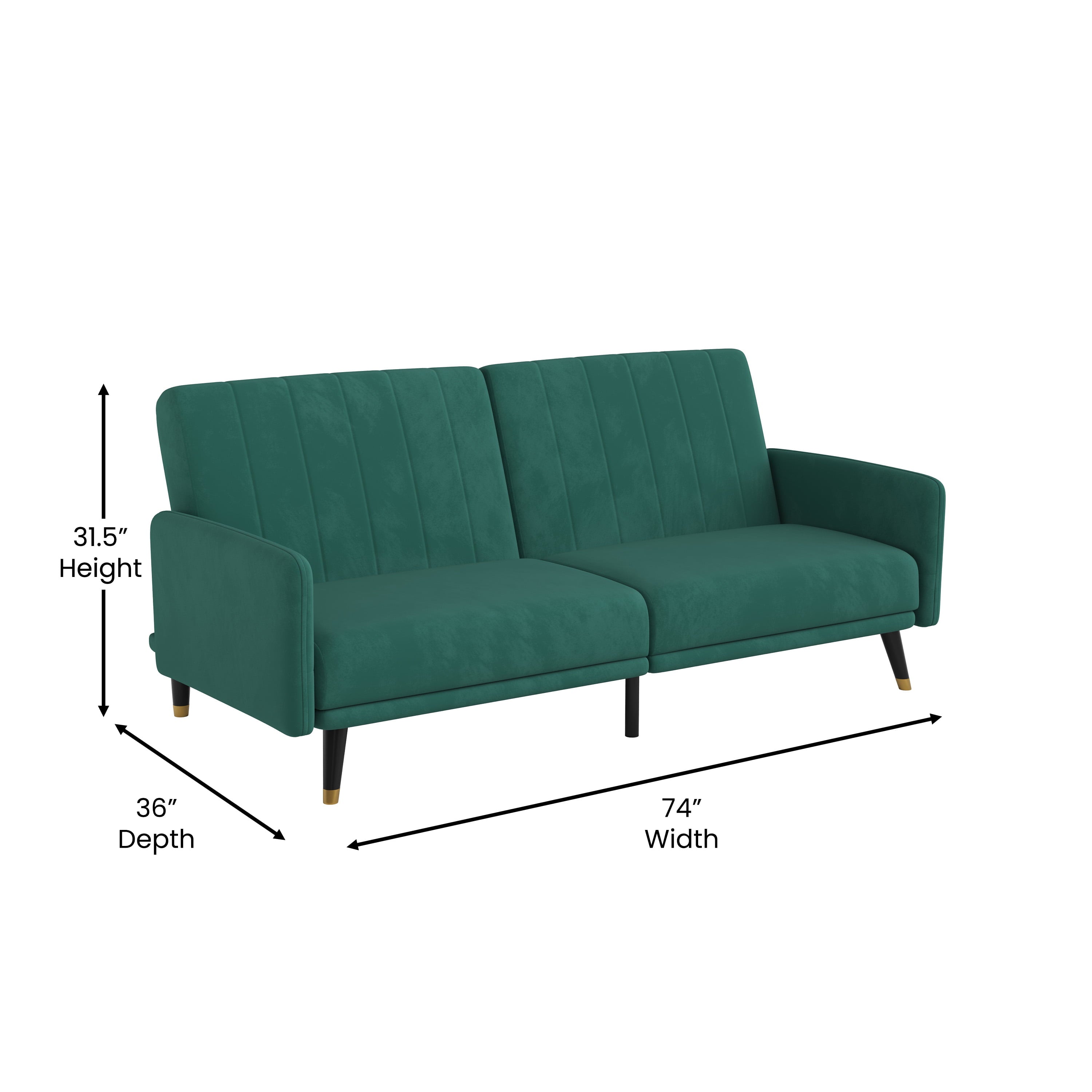 Merrick Lane Mid Century Modern Split-Back Sofa Futon with 3 Recline Positions In Elegant Emerald Velvet Upholstery