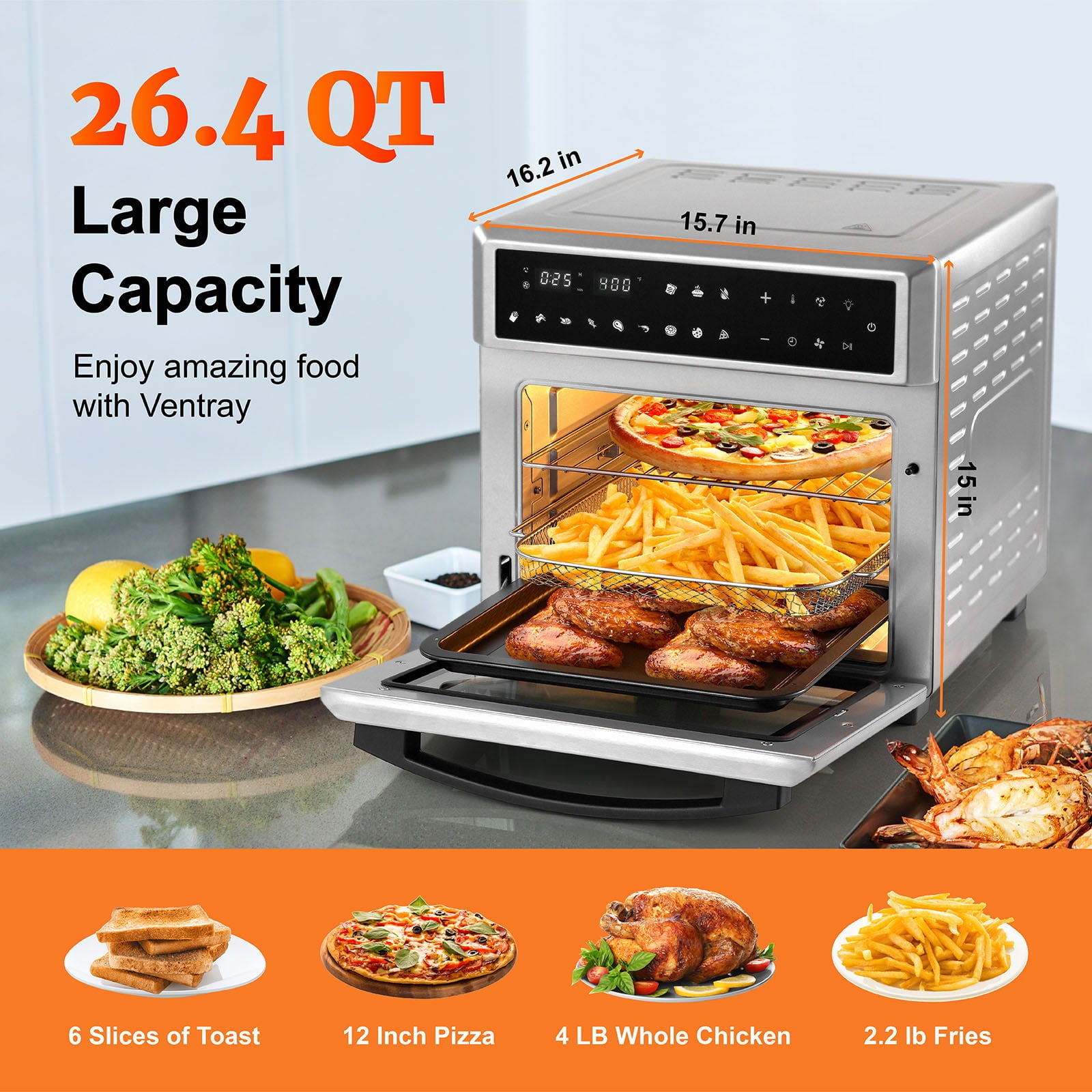 VENTRAY 1700W Convection Countertop Oven, 26QT Electric Air Fryer Toaster , 6 in 1 Oven master, Bake Pan, Broil Rack & Fry Basket included, 12 Cooking Pre-sets