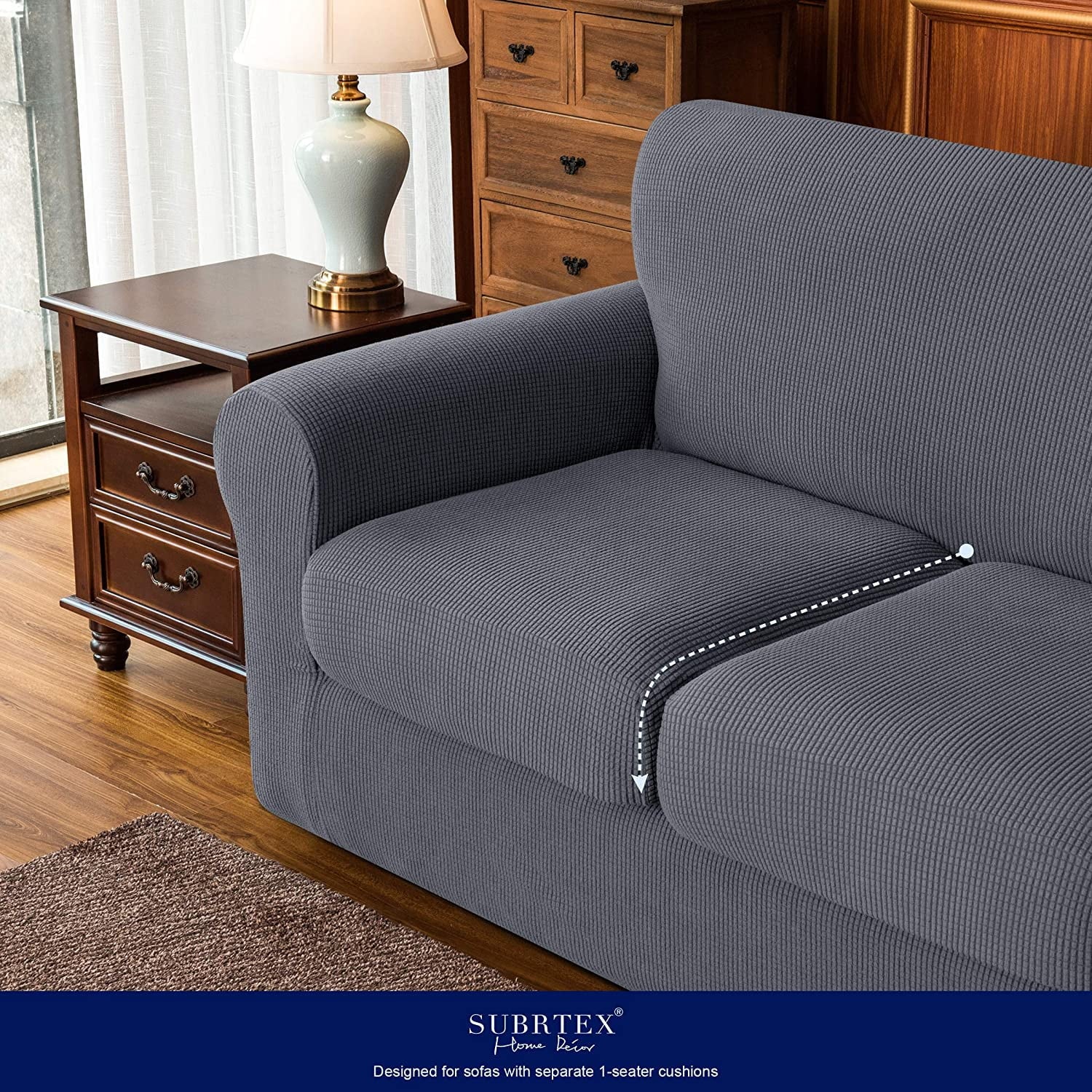 Subrtex 3-Piece High Spandex Textured Grid Sofa Slipcover, Separate Cushion Cover(Gray, Loveseat)