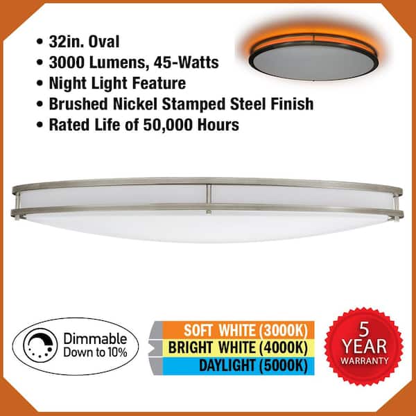 32 in. Oval Orbit LED Flush Mount Brushed Nickel Ceiling Light Night Light Feature 3000 Lumen 3000K 4000K 5000K (8-Pack)