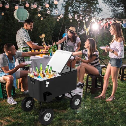 80 Quart Wagon Rolling Cooler Party Ice Chest, w/ Long Handle and 10" Wheels