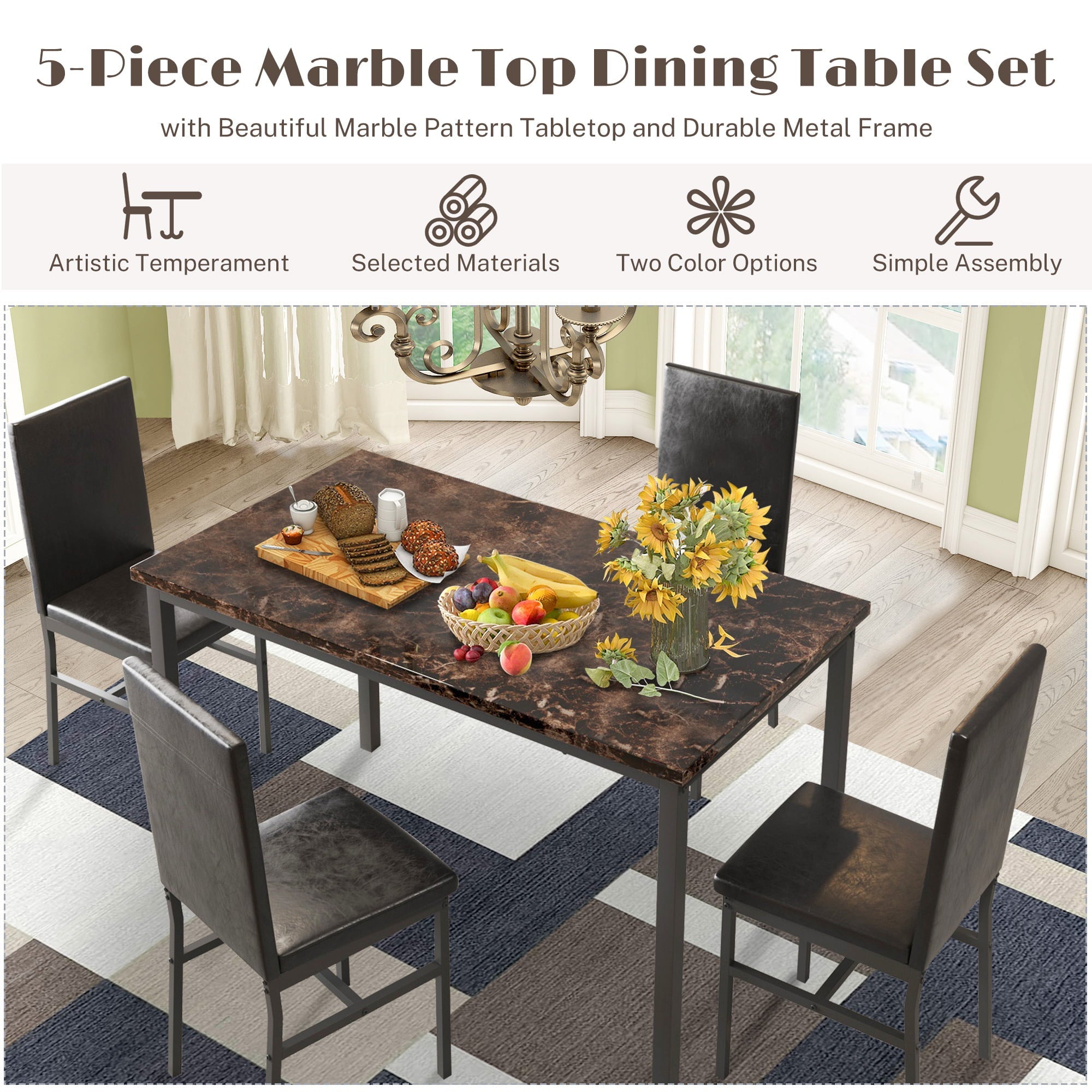 Paproos 5 Piece Dining Table Set, Dining Room Table Set with Marble Top and Faux Leather Upholstery Chairs, Modern Dinette Sets for Breakfast Nook, Compact Kitchen Table and Chairs Set, Brown