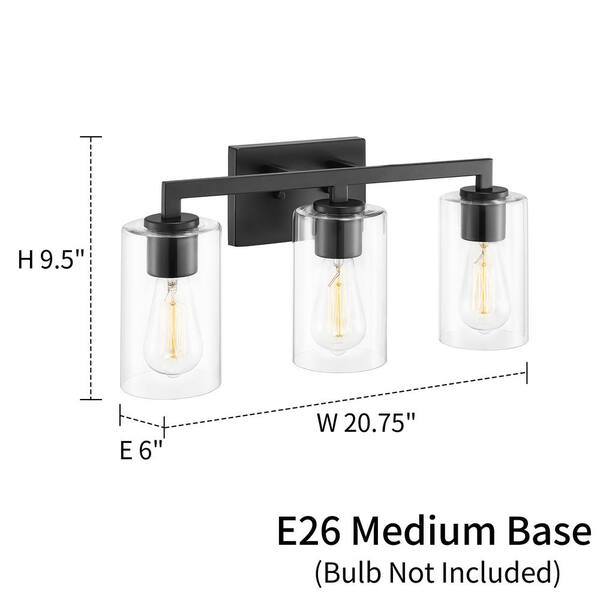 20.75 in. 3-Light Matte Black Vanity Light with Clear Glass Shade