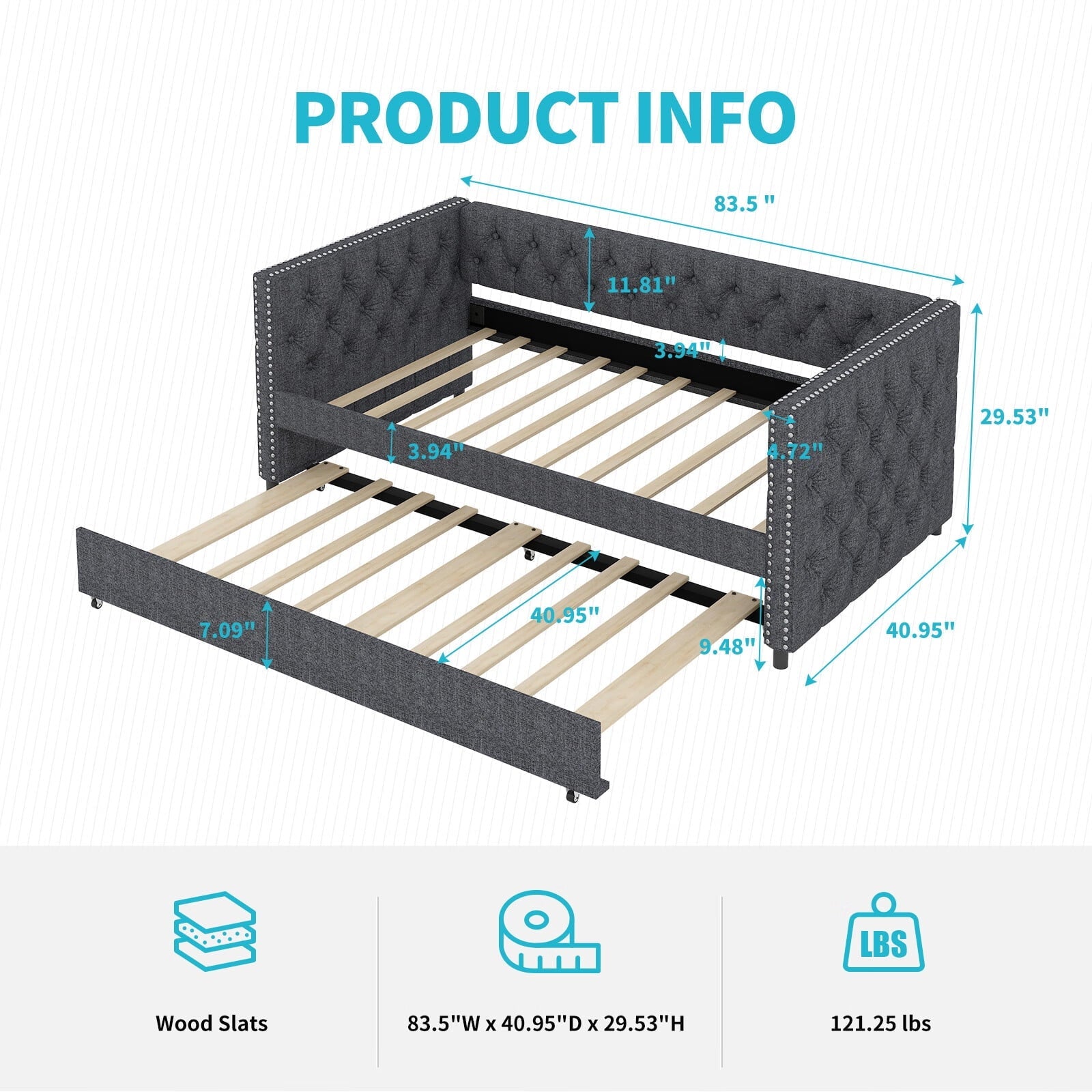 CECER Pull Out Daybed with Trundle, Twin Size Sofa Beds with Tufted Button Design, Dutch Velvet Sleeper Couch for Living Room/Bedroom, Solid Wood Structure Sofa bed No Mattress Dark Grey