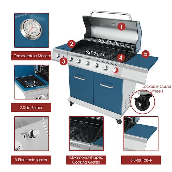 6-Burner Propane Gas Grill in Blue with Sear Burner and Side Burner