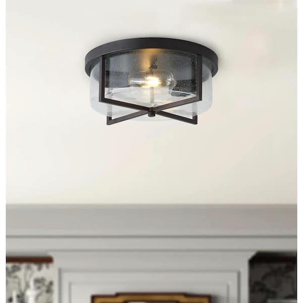 11.8 in. 2-Light Farmhouse Flush Mount Ceiling Light Fixture with Seeded Glass Shade