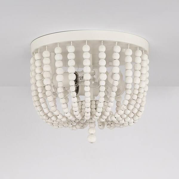 12.6 in. 3-Light Bohemia Antique White Wood Beaded Flush Mount Ceiling Light