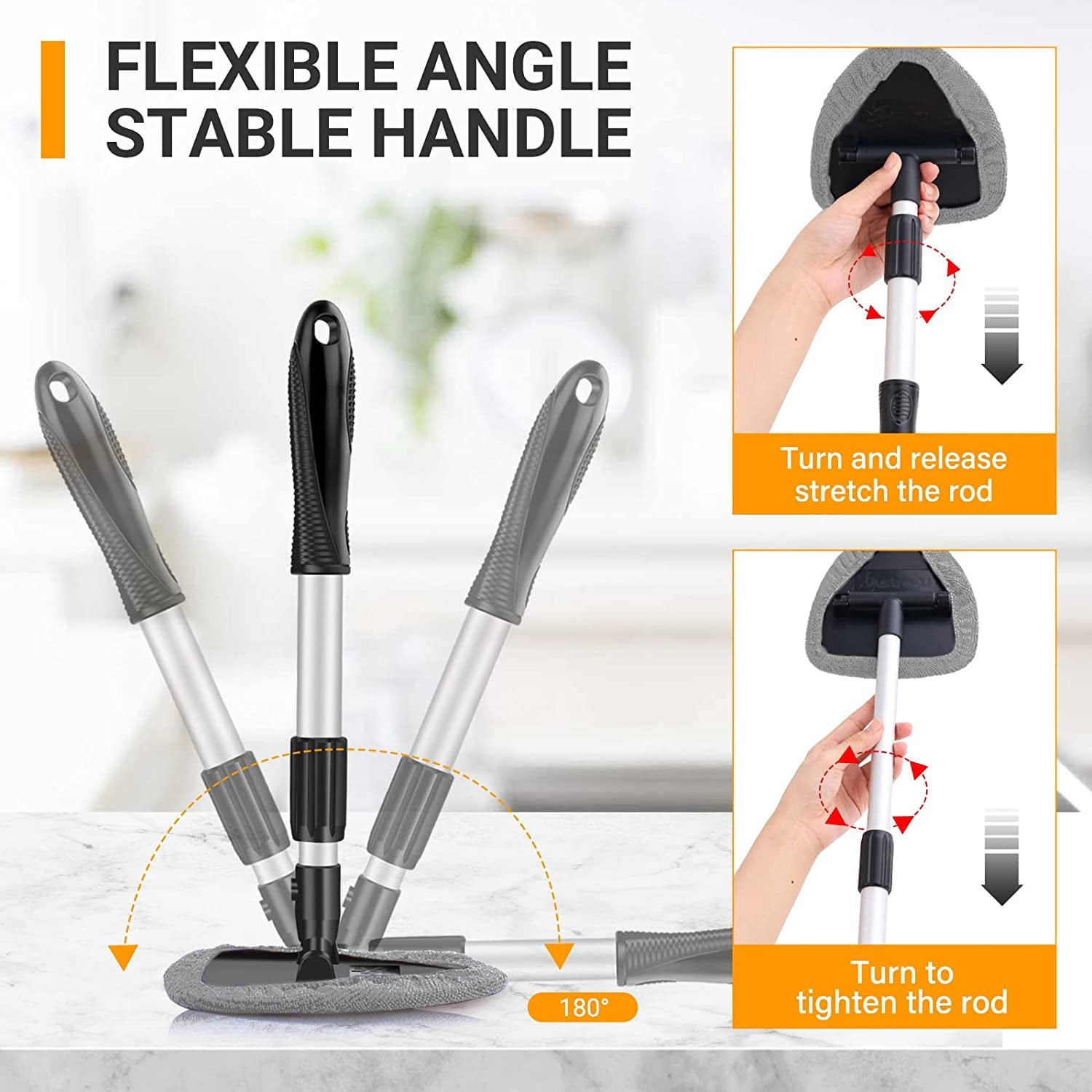 Anpro Car Windshield Cleaner, Microfiber Car Window Cleaning Tool with Extendable Handle and Washable Reusable Cloth Pad Head Auto Interior Exterior Glass Wiper Kits