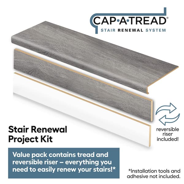 Aiden Platinm/Alberta Sprc/Baneberry Ok 47in.Lx12.15in.Wx2.28in.T Laminate Stair Tread and Reversible Riser Kit Adhesive