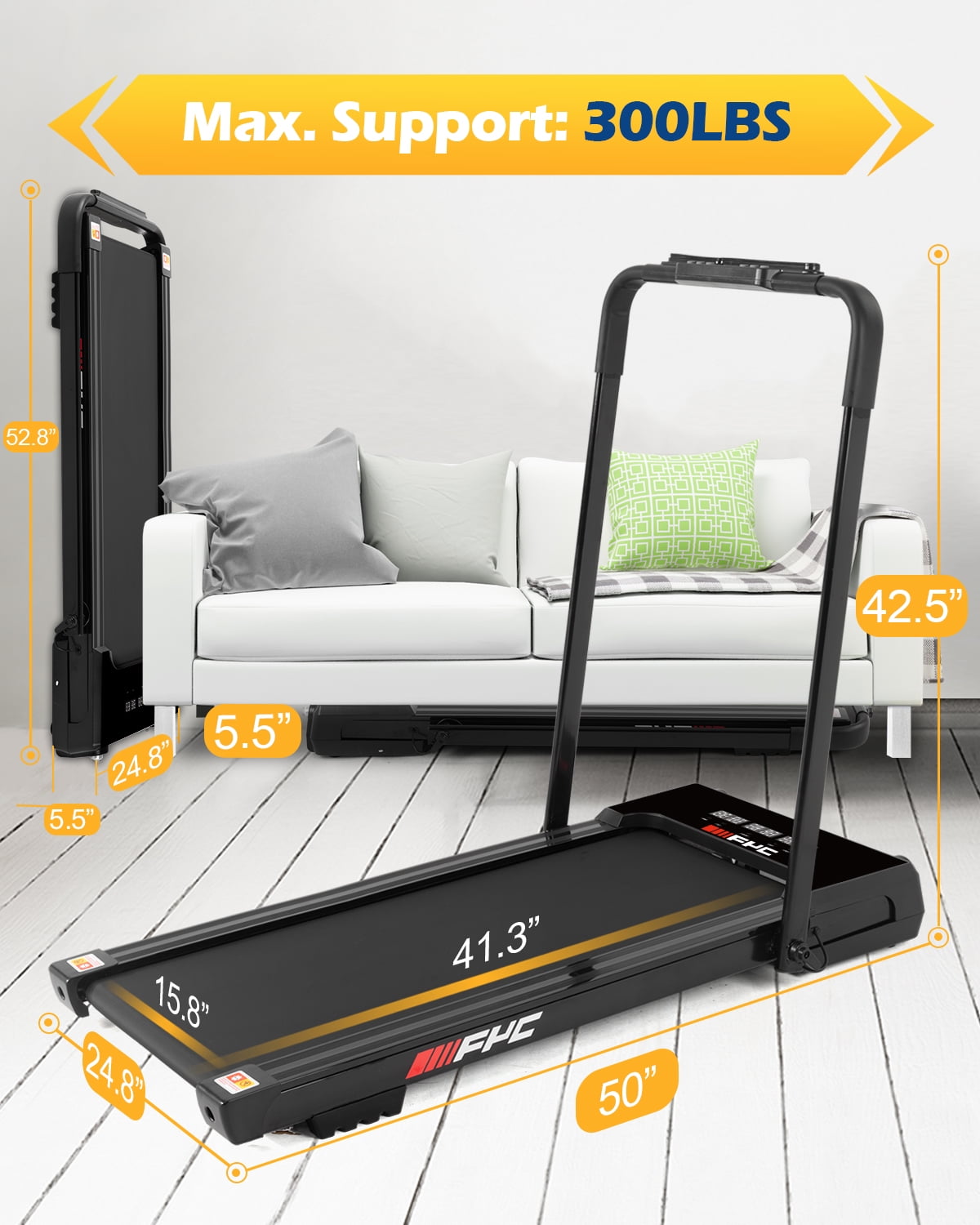 FYC 3.5HP Under Desk Treadmill - 300LBS Weight Capacity, 2-in-1 Foldable Design, Remote Control & LED Display - Compact Electric Walking and Running Machine for Walking, Running, Jogging (Black)