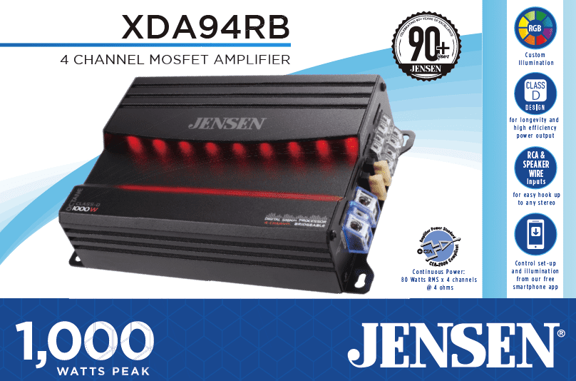 JENSEN XDA94RB Class D 4 Channel Bridgeable Amplifier with 80 Watts x 4 RMS and 1000 Watts