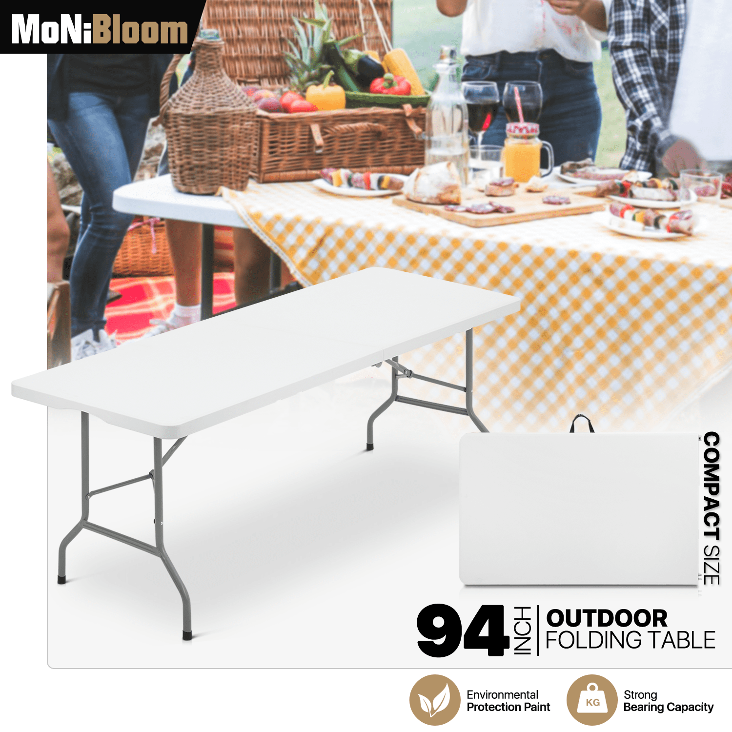 MoNiBloom 8Ft Folding Heavy Duty Table, Indoor Outdoor Portable Rectangle Plastic Picnic Desk with Steel Frame and Handle, White