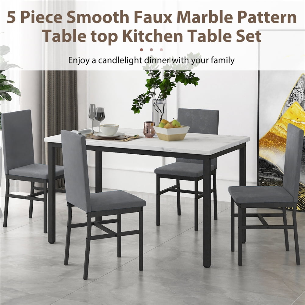 5 Piece Dining Room Table Set, Modern Dining Table Sets with Gray Velvet Upholstered Chairs for 4, Faux Marble Pattern Rectangle Kitchen Table Set for Bar Living RoomBreakfast NookSmall Space, L802