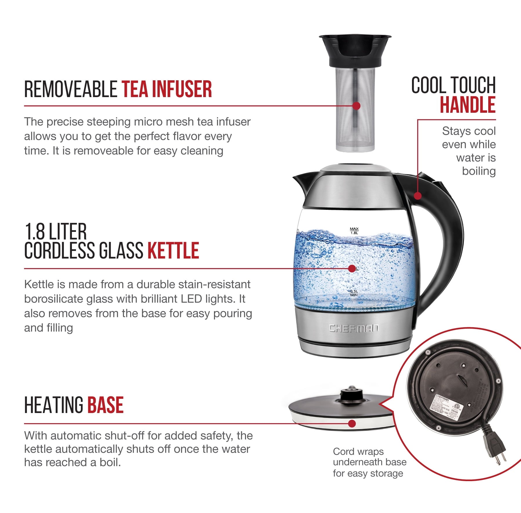 Chefman Fast Boiling 1.8L Electric Glass Kettle, Removable Tea Infuser, LED Lights, Stainless Steel