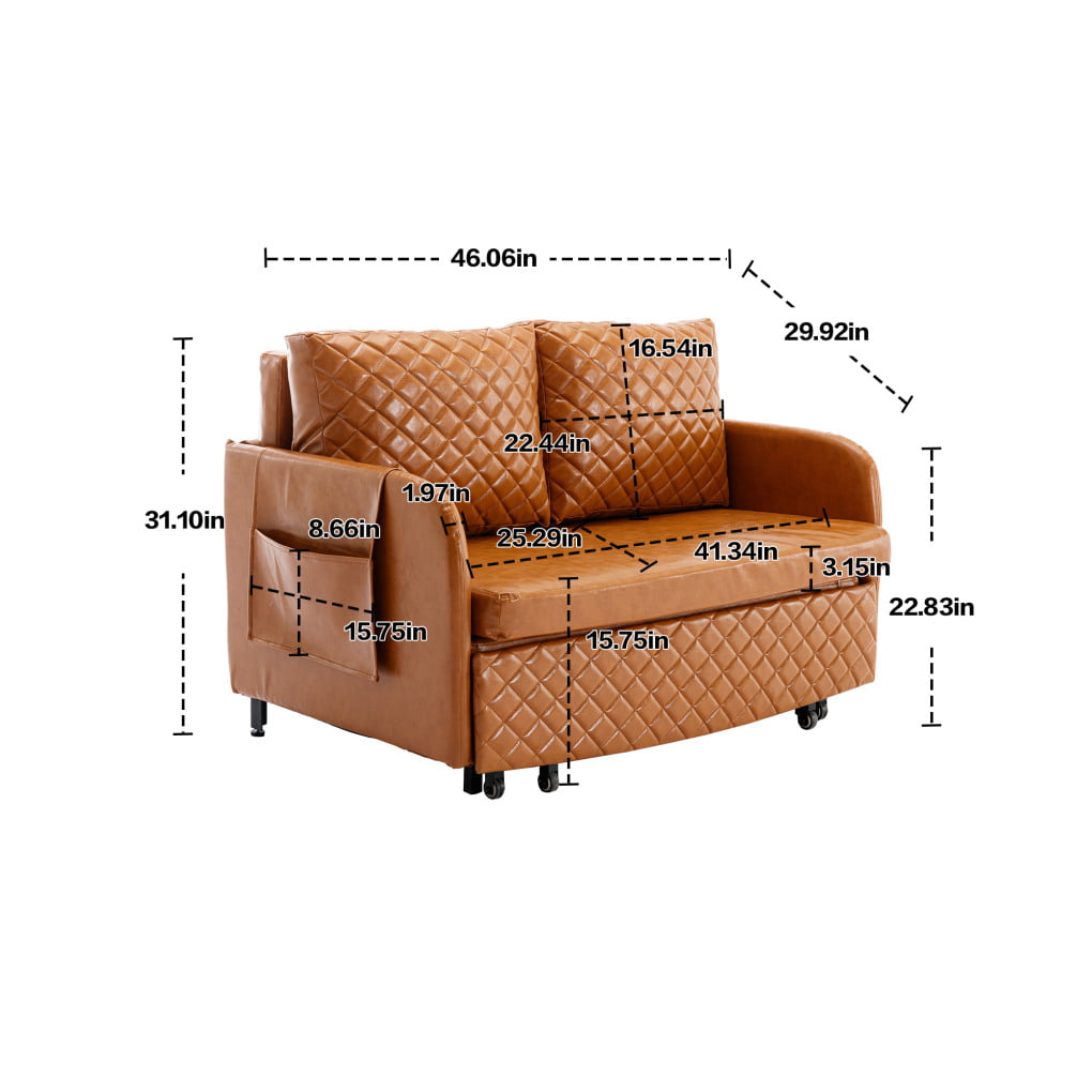 Pull Out Sofa Bed, convertible Sleeper Sofa Bed, Faux Leather Love seat Sofa Couch with Headboard, Small Love seat Lounge Chaise Armchair with 2 Pillows & Side Pockets for Living Room