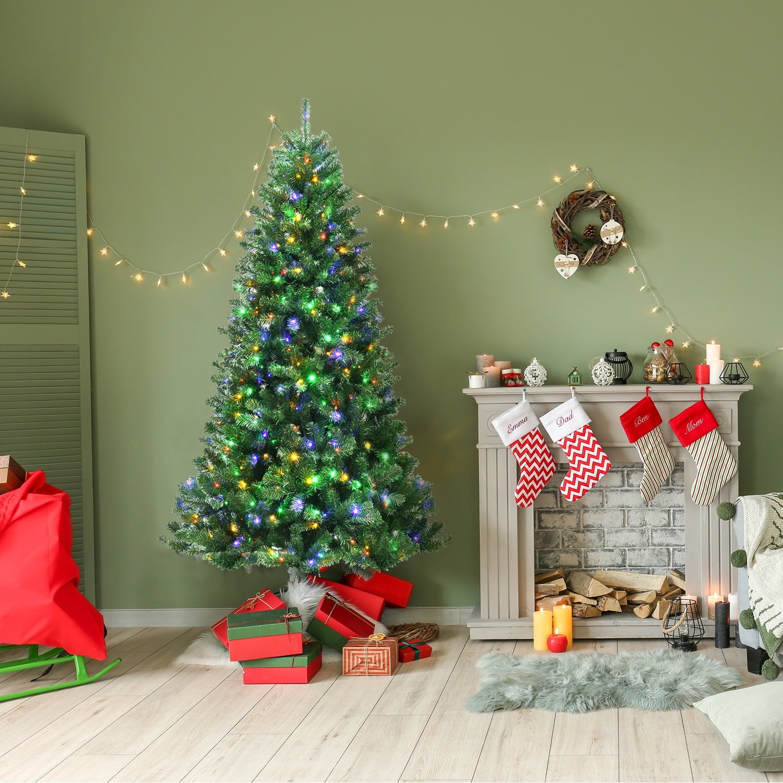 Topbuy 7ft Pre-lit Christmas Tree, Artificial Hinged Xmas Tree w/ 500 Remote-controlled Color-changing LED Lights & 1181 Tips