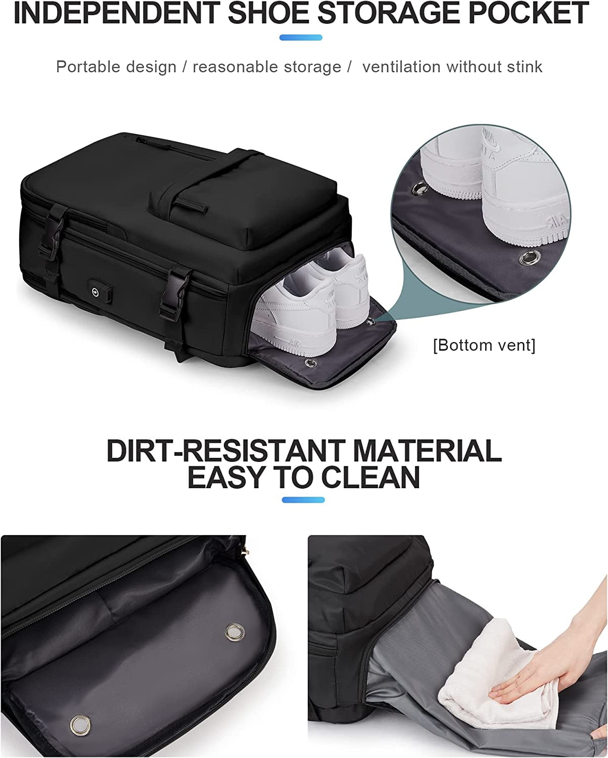 Black Travel Backpack for Women Men, Airline Approved Carry On Backpack for Traveling on Airplane,Small Laptop Backpack with Shoe Compartment Hiking Waterproof Casual Daypack Large School Bag