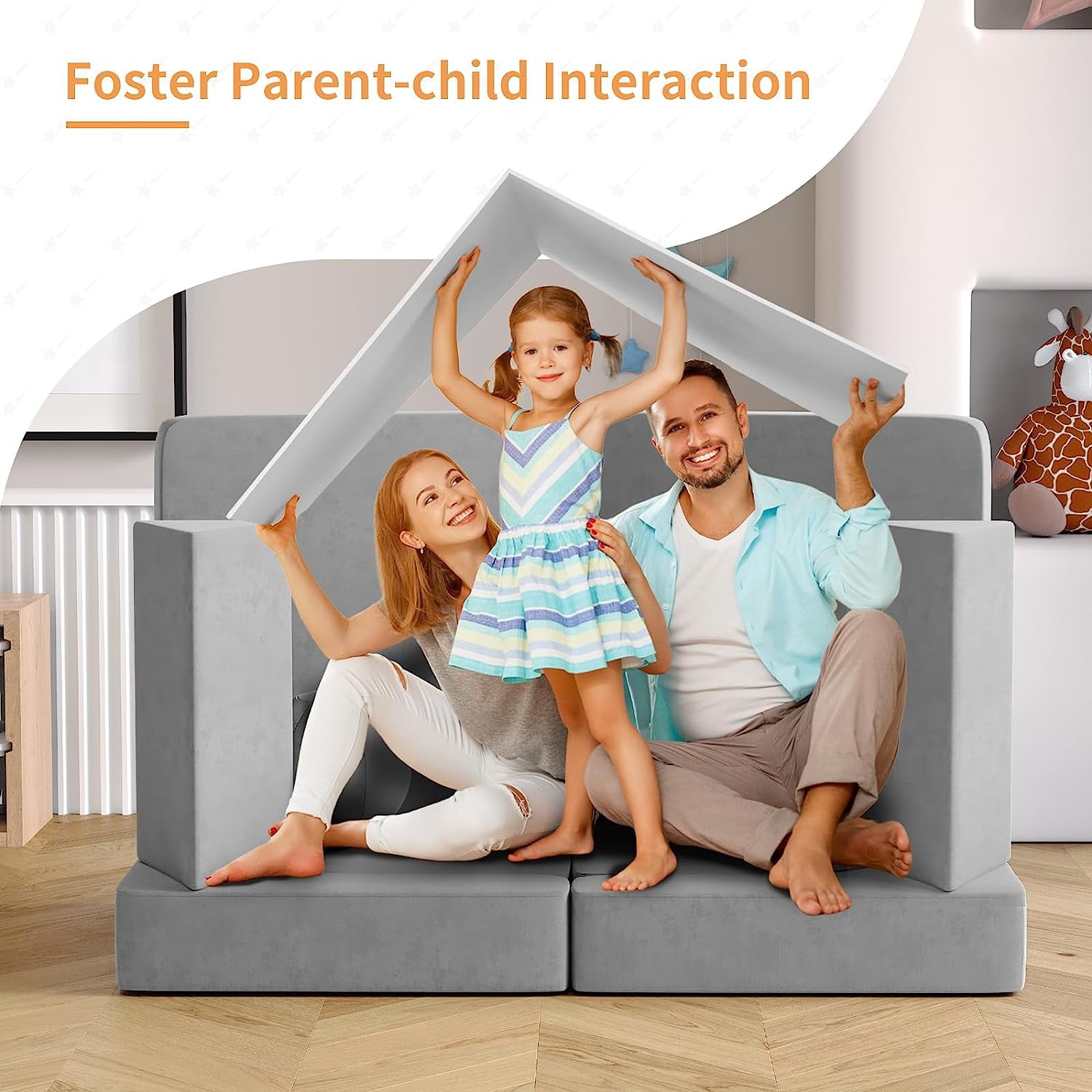 10Pcs Kids Sofa for Bedroom Playroom, Wanan Modular Toddler Couch Fold Out Couch Play Sofa for Boys Girls, Kids Sofa Couch Convertible Sofa Kids Foam Couch, Gray