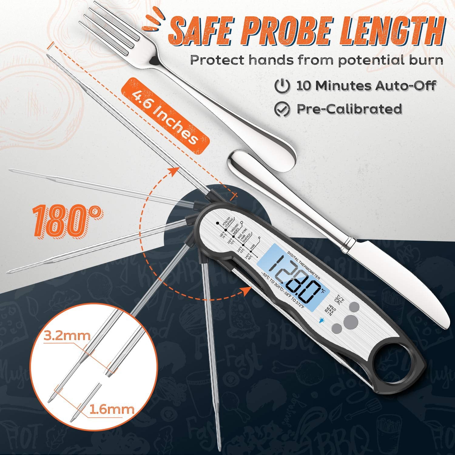 Saferell Instant Read Meat Thermometer for Cooking, Fast & Precise Digital Food Thermometer with Backlight, Magnet, Calibration, and Foldable Probe for Deep Fry, BBQ, Grill and Roast Turkey(Black)