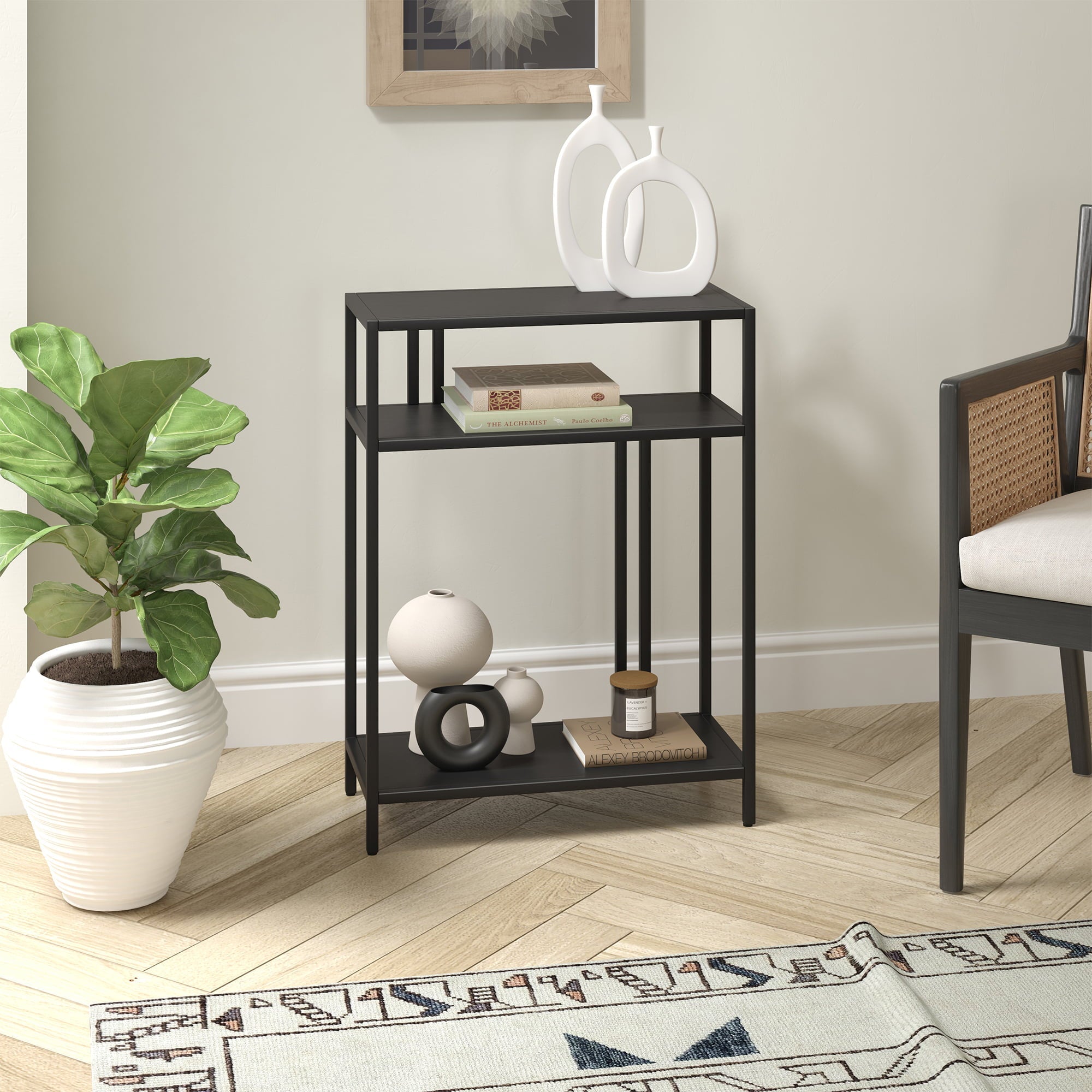 Evelyn&Zoe Industrial 22 in. Blackened Bronze Console Table with Metal Shelves